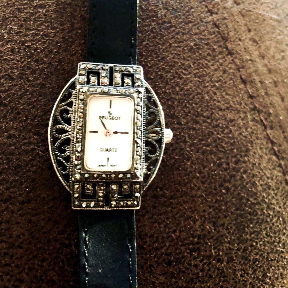 Peugeot Marcasite Beautiful Silver Watch with Genuine Black Leather Band